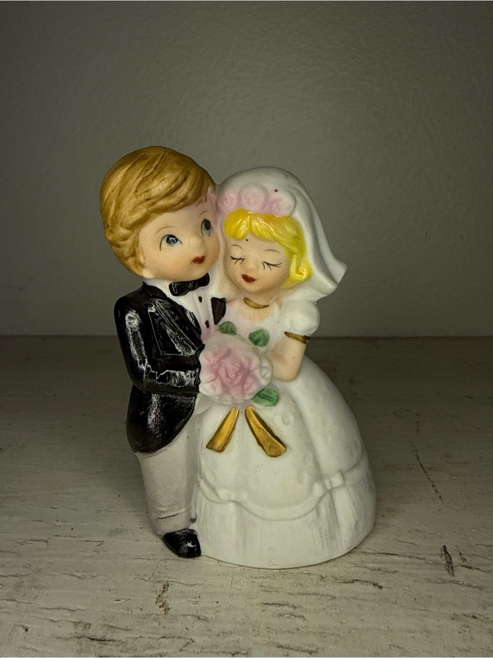 Beautiful Porcelain Bride and Groom Wedding Bell Figurine by J.S.N.Y. Made in Ta